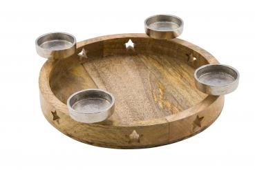 Adventsholzteller für 4 Teelichter, Mangoholz / Aluminium, D: 40 / Höhe: 10 cm, handgefertigt, *Germany*