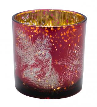Glaswindlicht, Eule / Tanne, bordeaux / gold Ø 7,5 cm / Höhe: 8 cm, handgefertigt, *Germany*