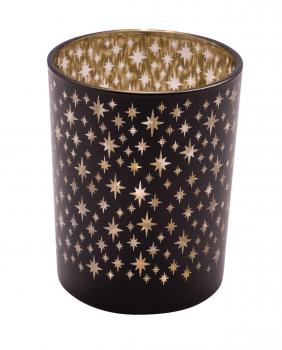 Glaswindlicht, mit Sternen, schwarz / gold Ø 8,7 cm / Höhe: 10 cm, handgefertigt, *Germany*