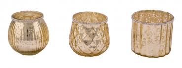 Glaswindlicht, gold mit Strassrand, 3 Stück, ø 9,5 cm / Höhe: 8,5 cm, handgefertigt, *Germany*