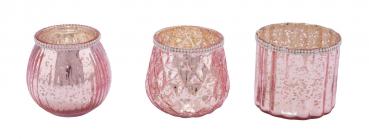 Glaswindlicht, rosa mit Strassrand, 3 Stück, ø 9,5 cm / Höhe: 8,5 cm, handgefertigt, *Germany*