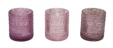 Glaswindlicht, rosa / anthrazit, 3 Stück, Ø 7 cm / Höhe: 8 cm, handgefertigt, *Germany*