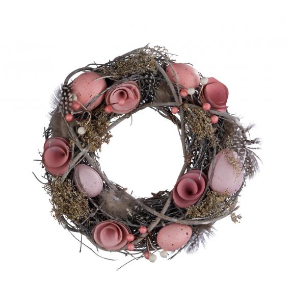 Neu Naturkranz mit Federn und Eiern, rosa / grau, 30 x 8 x 30cm, handgefertigt, *Germany*