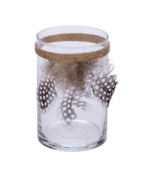 Neu Glaswindlicht mit Federn, klar / braun, 7,8 x 7,8 x 12 cm, handgefertigt, *Germany*