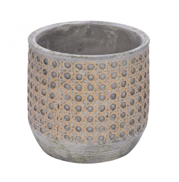 NEU Zementtopf, Rattanoptik, grau / braun, 15,3 x 15,3 x 14,7 cm, handgefertigt, *Germany*