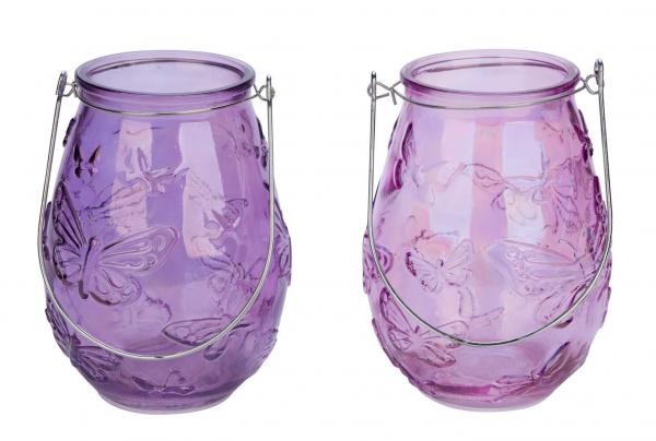 Neu Glaswindlich, 2er Set mit Henkel, Schmetterlingsmotiv, rosa, 12,5 x 12,5 x 16,5 cm, handgefertigt, *Germany*