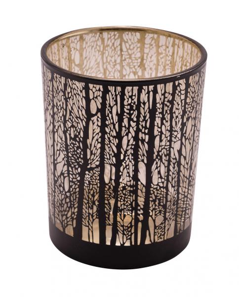Glaswindlicht, Waldmotiv, schwarz / gold Ø 10 cm / Höhe: 12,5 cm, handgefertigt, *Germany*