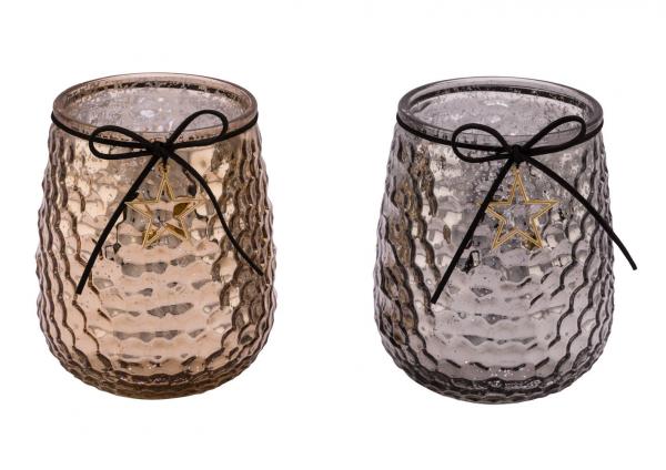 Glaswindlicht, mit Sternen, braun / anthrazit, 2 Stück, Ø 11 cm / Höhe: 14 cm, handgefertigt, *Germany*