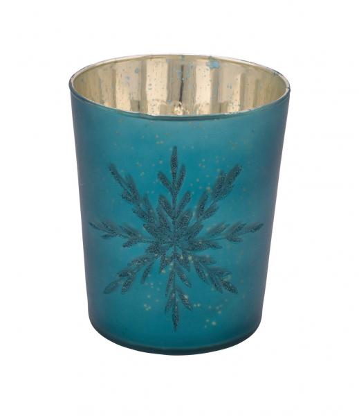 Glaswindlicht, Schneeflocke, petrol, Ø 11 cm / Höhe: 13 cm, handgefertigt, *Germany*